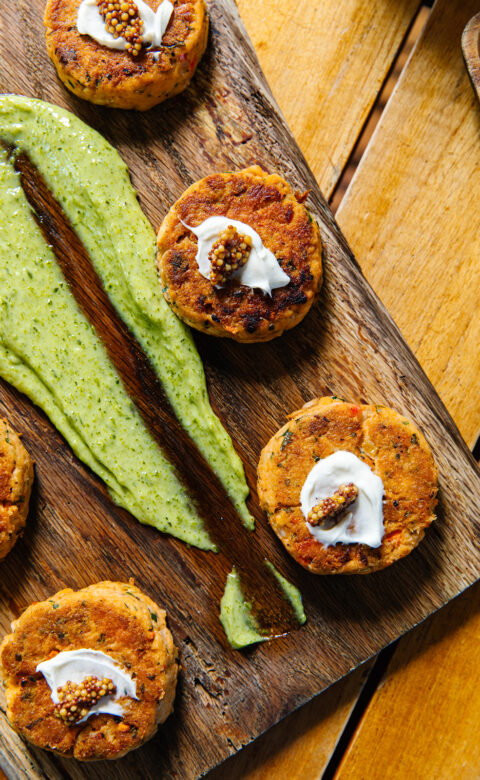 savoury foods on a wooden platter